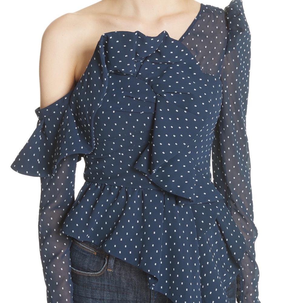 Self Portrait Women's Blue Plumetis Frill Top